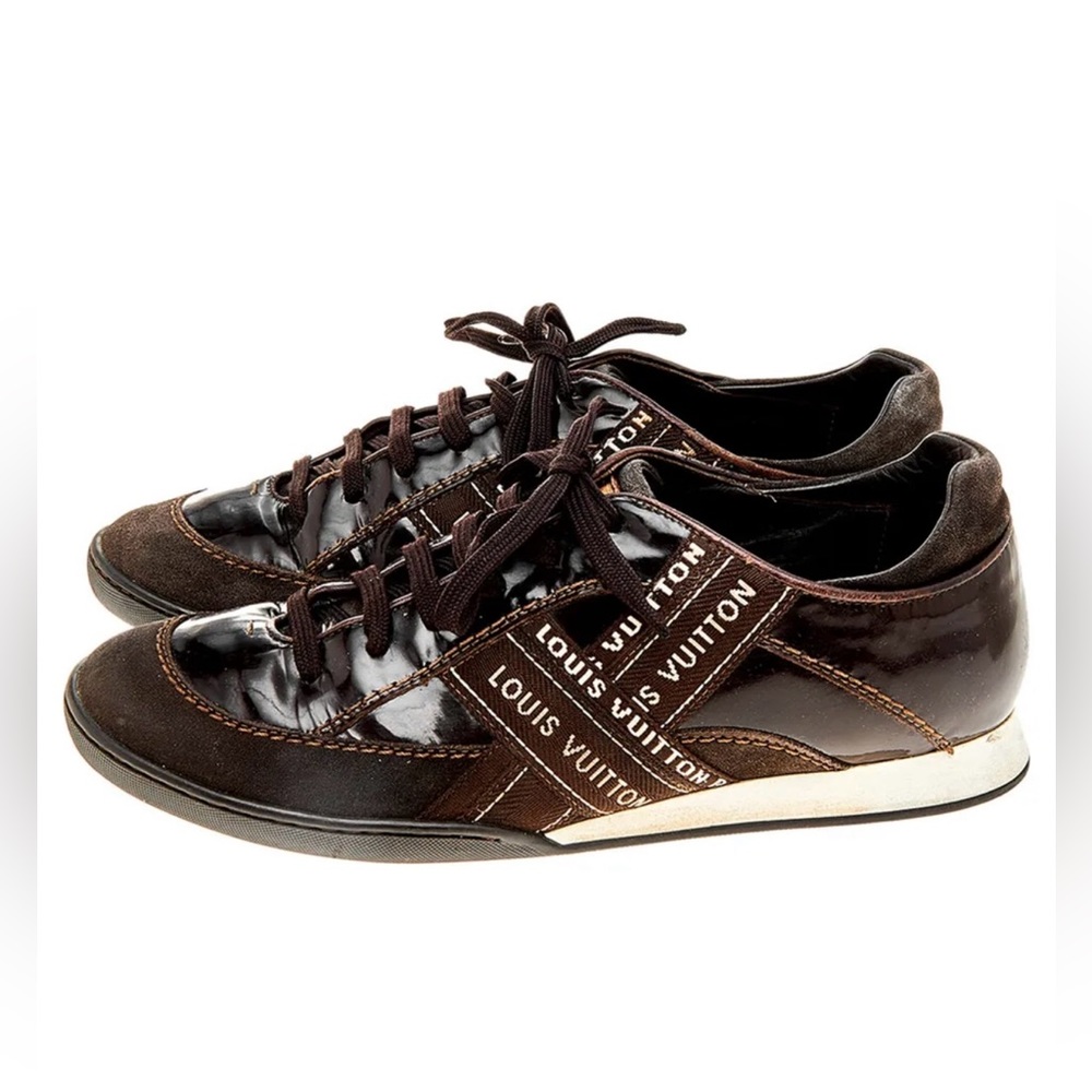 Louis Vuitton Brown Patent Leather And Suede Low Top Sneakers Size 39